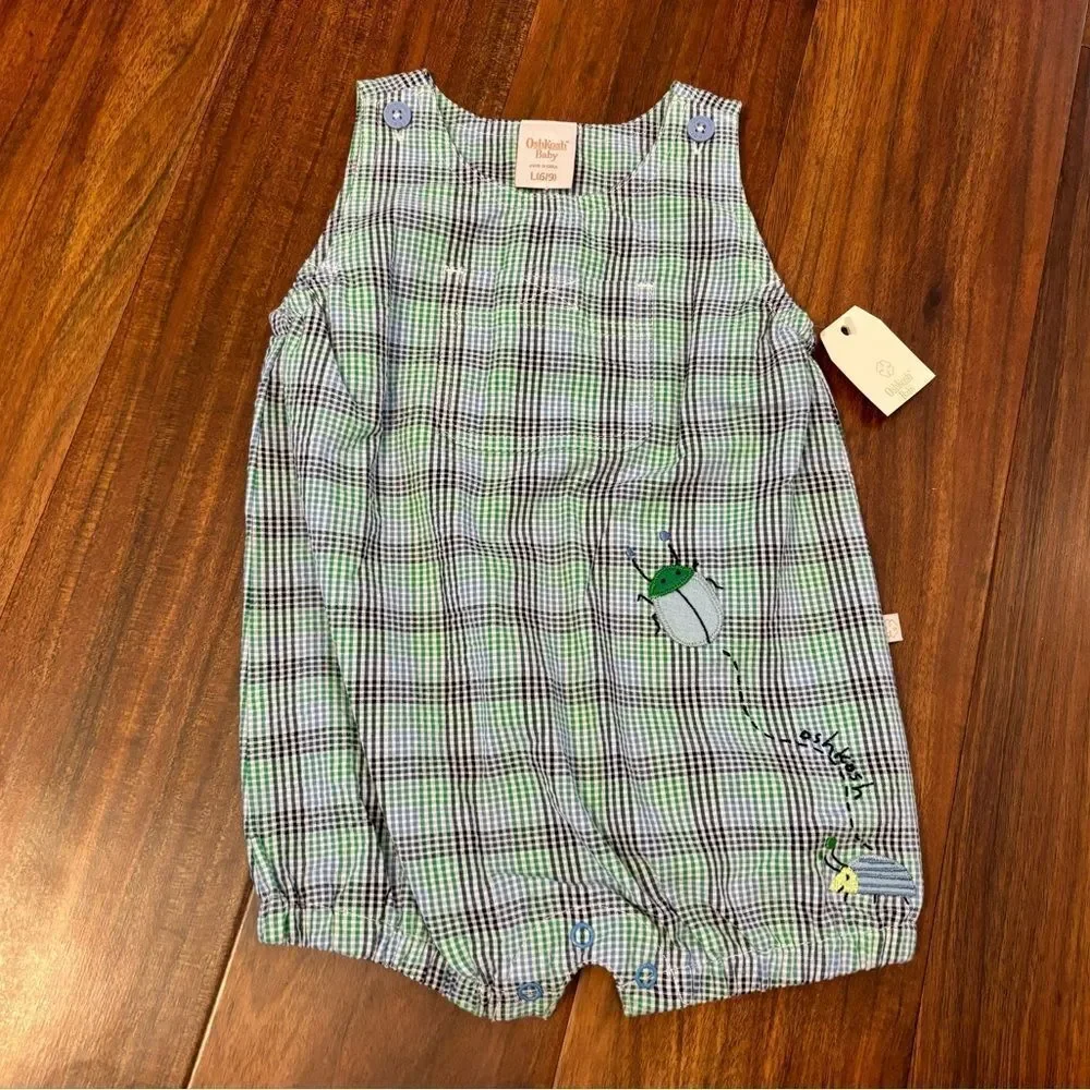 OshKosh Baby vintage y2k seersucker embroidered bugs blue/green plaid romper NWT